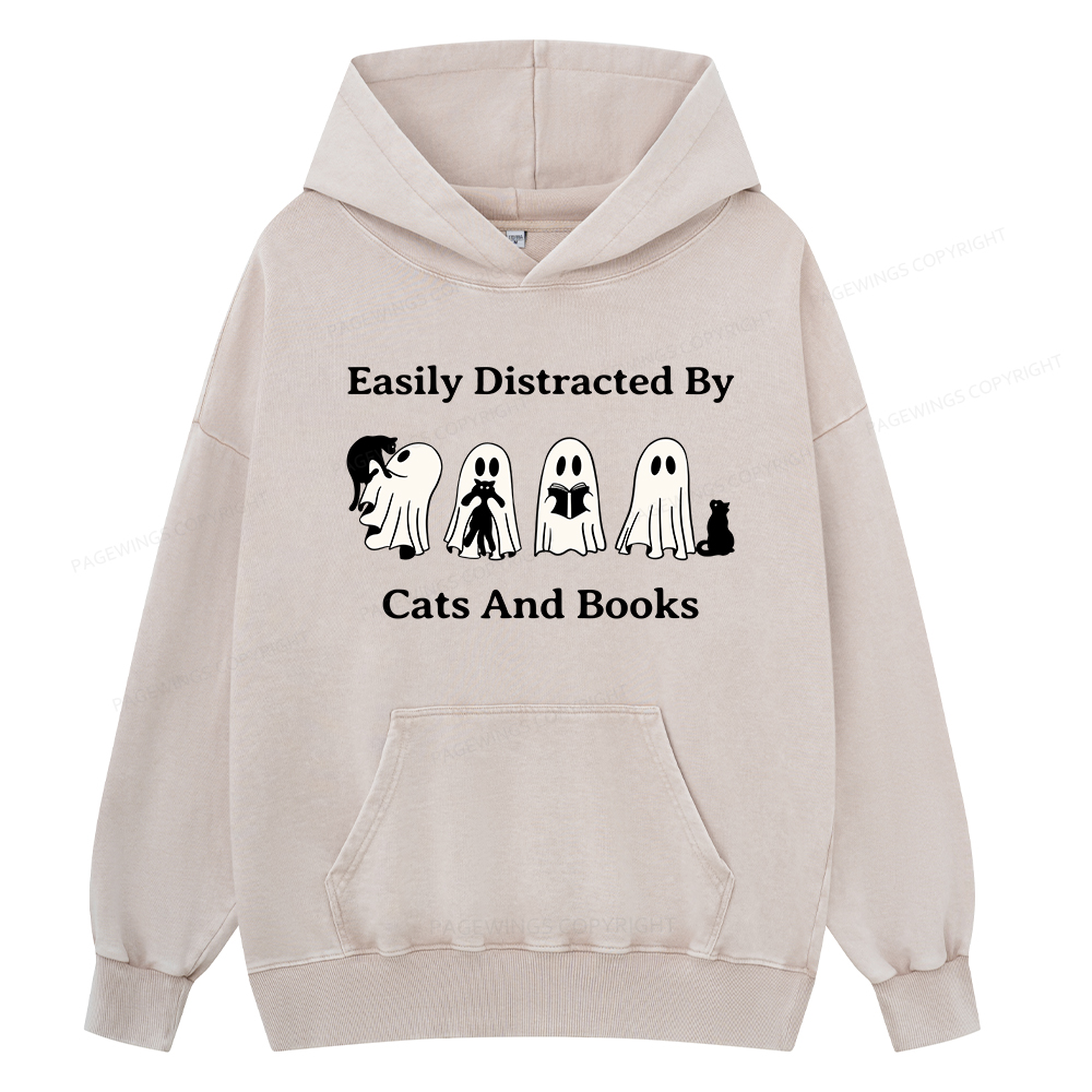 Pagewings Easily Distracted By Cats And Books Unisex Washed Hoodie