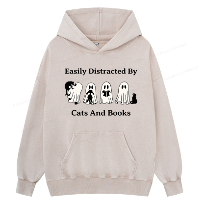 Pagewings Easily Distracted By Cats And Books Unisex Washed Hoodie