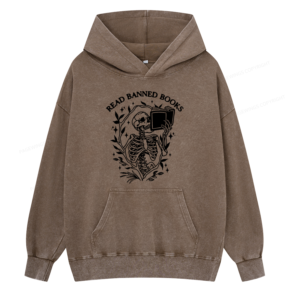 Pagewings Read Banned Books Skeleton Unisex Washed Hoodie