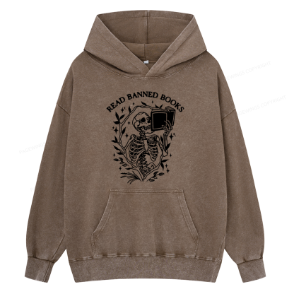 Pagewings Read Banned Books Skeleton Unisex Washed Hoodie