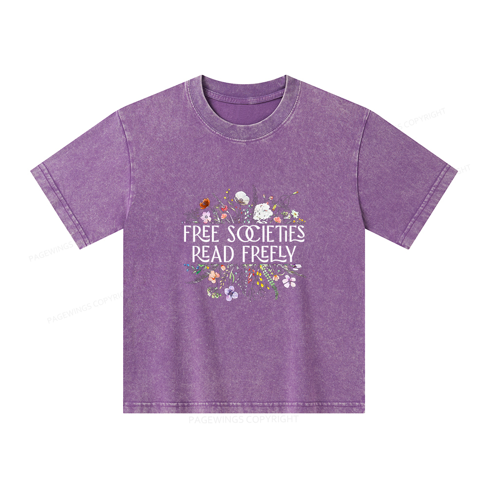 Pagewings Free Societies Read Freely Unisex Kids Washed T-shirt