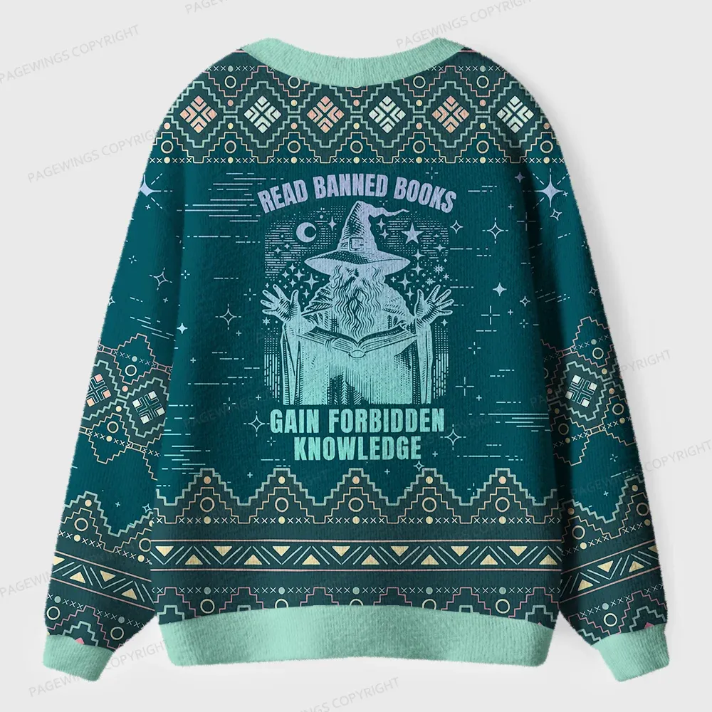 Pagewings Read Banned Books Gain Forbidden Knowledge Unisex Ugly Cardigan Sweaters
