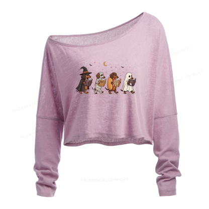 Pagewings Cute Spooky Season Wiener Dog Reading Slouchy Long Sleeve Off Shoulder T-shirt