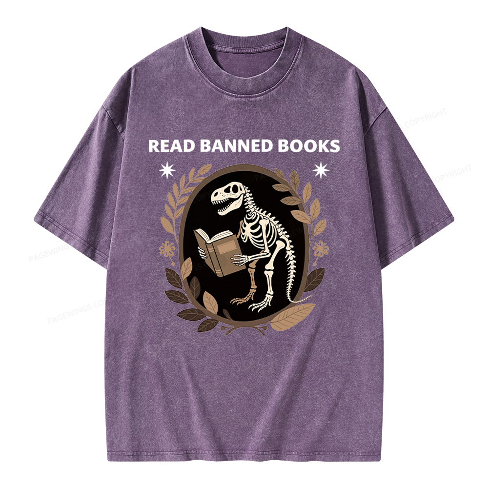 Pagewings Vintage Dinosaur Skeleton Reading Book Unisex Washed T-shirt