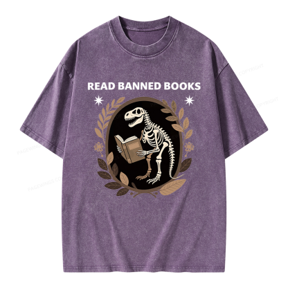 Pagewings Vintage Dinosaur Skeleton Reading Book Unisex Washed T-shirt