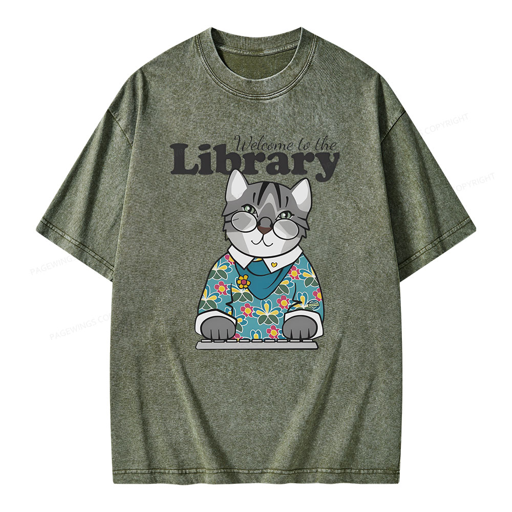 Pagewings Welcome to the Library Cat Unisex Washed T-shirt