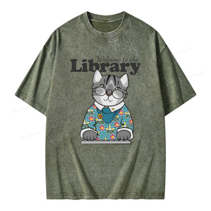 Pagewings Welcome to the Library Cat Unisex Washed T-shirt