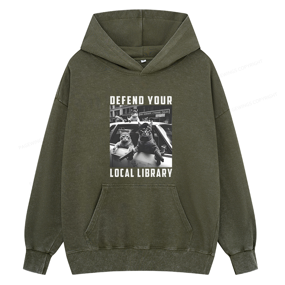 Pagewings Defend Your Local Library Unisex Washed Hoodie