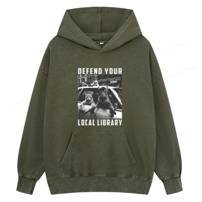 Pagewings Defend Your Local Library Unisex Washed Hoodie