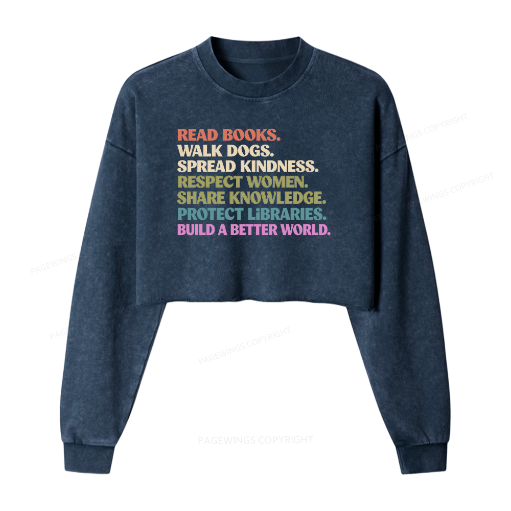 Pagewings Read Books Walk Dogs Washed Crop Sweatshirt