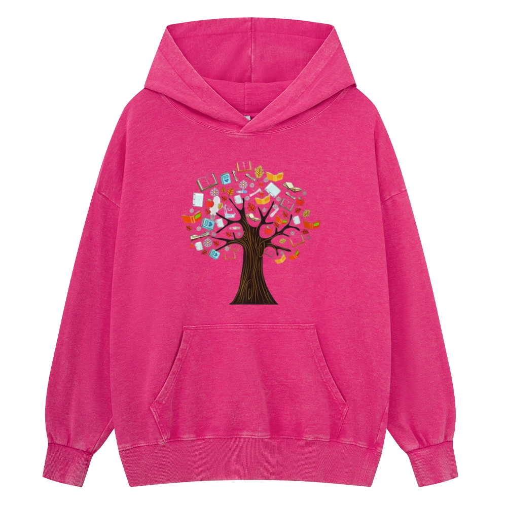 Pagewings Book Tree Vintage Graphic Unisex Washed Hoodie
