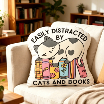 Pagewings Easily Distracted By Cats and Books Shaped Throw Pillow