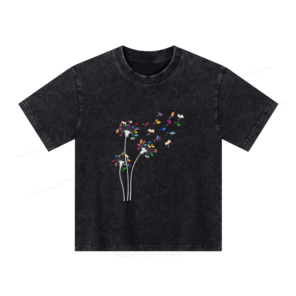 Pagewings Cute Dandelion Books Flower Fly Unisex Kids Washed T-shirt