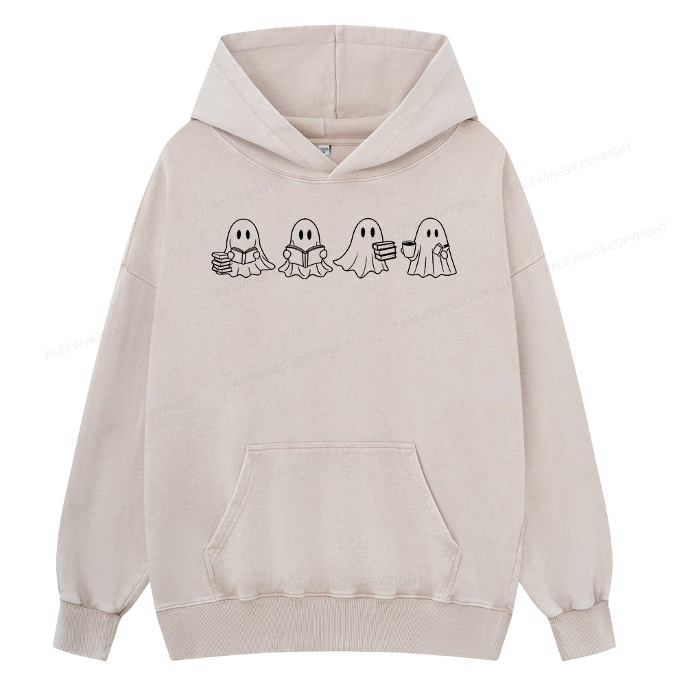 Pagewings Halloween Cute Ghost Reading Books Unisex Washed Hoodie
