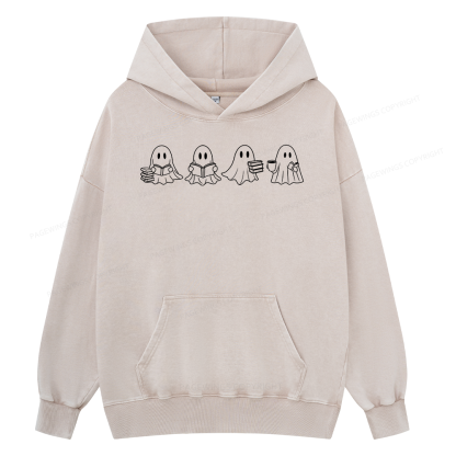 Pagewings Halloween Cute Ghost Reading Books Unisex Washed Hoodie