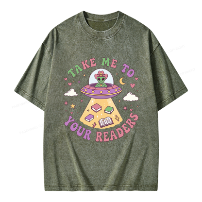 Pagewings Cute Alien Reading Unisex Washed T-shirt