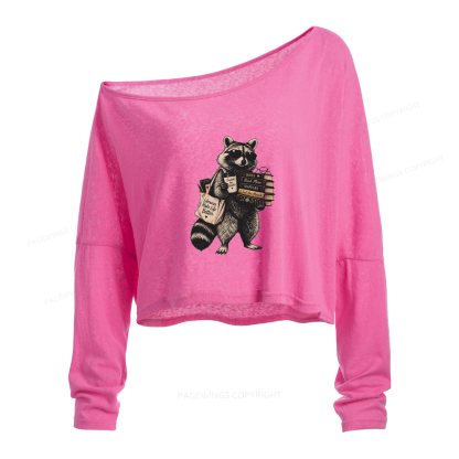 Pagewings Book Lover Raccoon Slouchy Long Sleeve Off Shoulder T-shirt