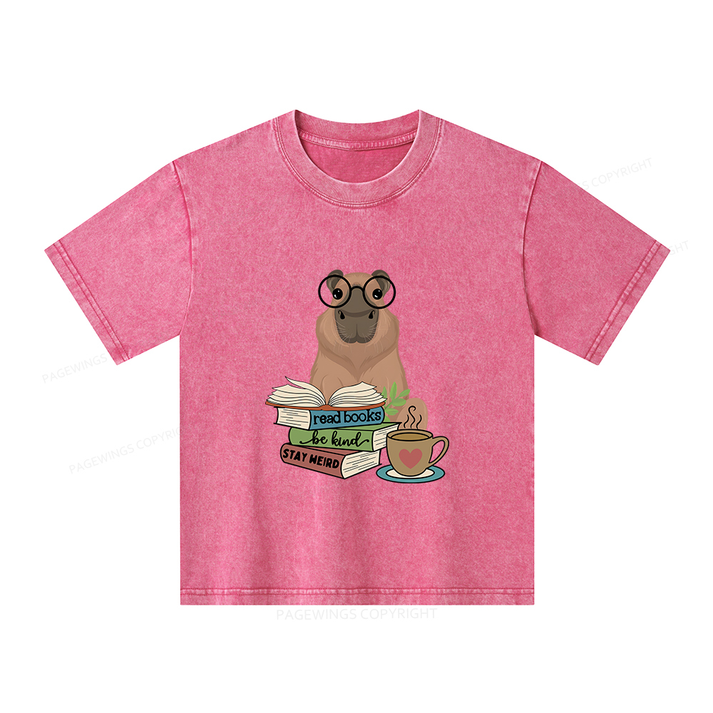 Pagewings Capybara Reading Unisex Kids Washed T-shirt