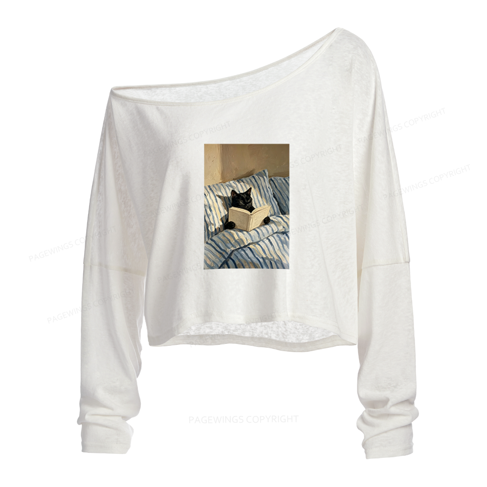 Pagewings Black Cat Reading in Bed Slouchy Long Sleeve Off Shoulder T-shirt