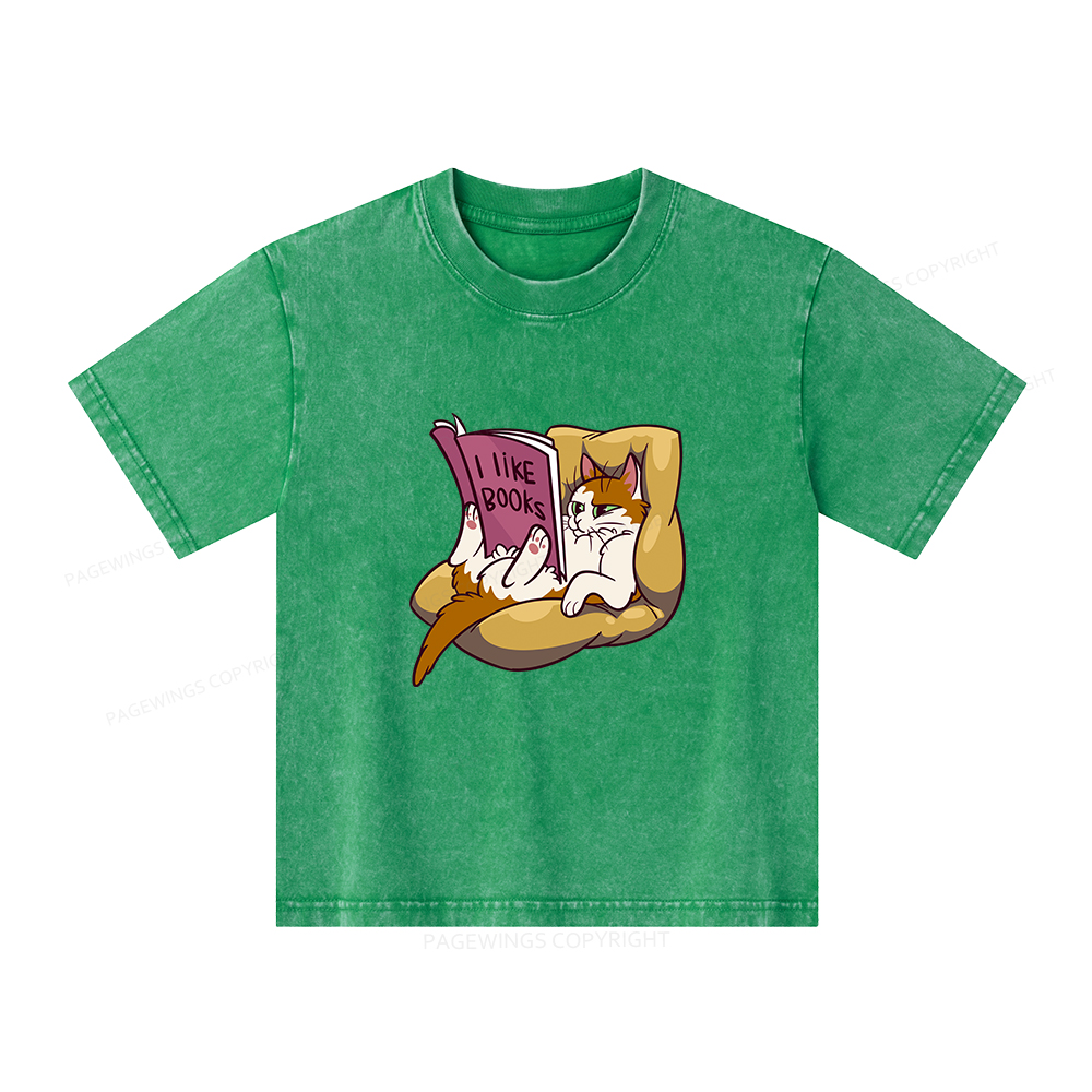 Pagewings A Cat That Likes Reading Books Unisex Kids Washed T-shirt