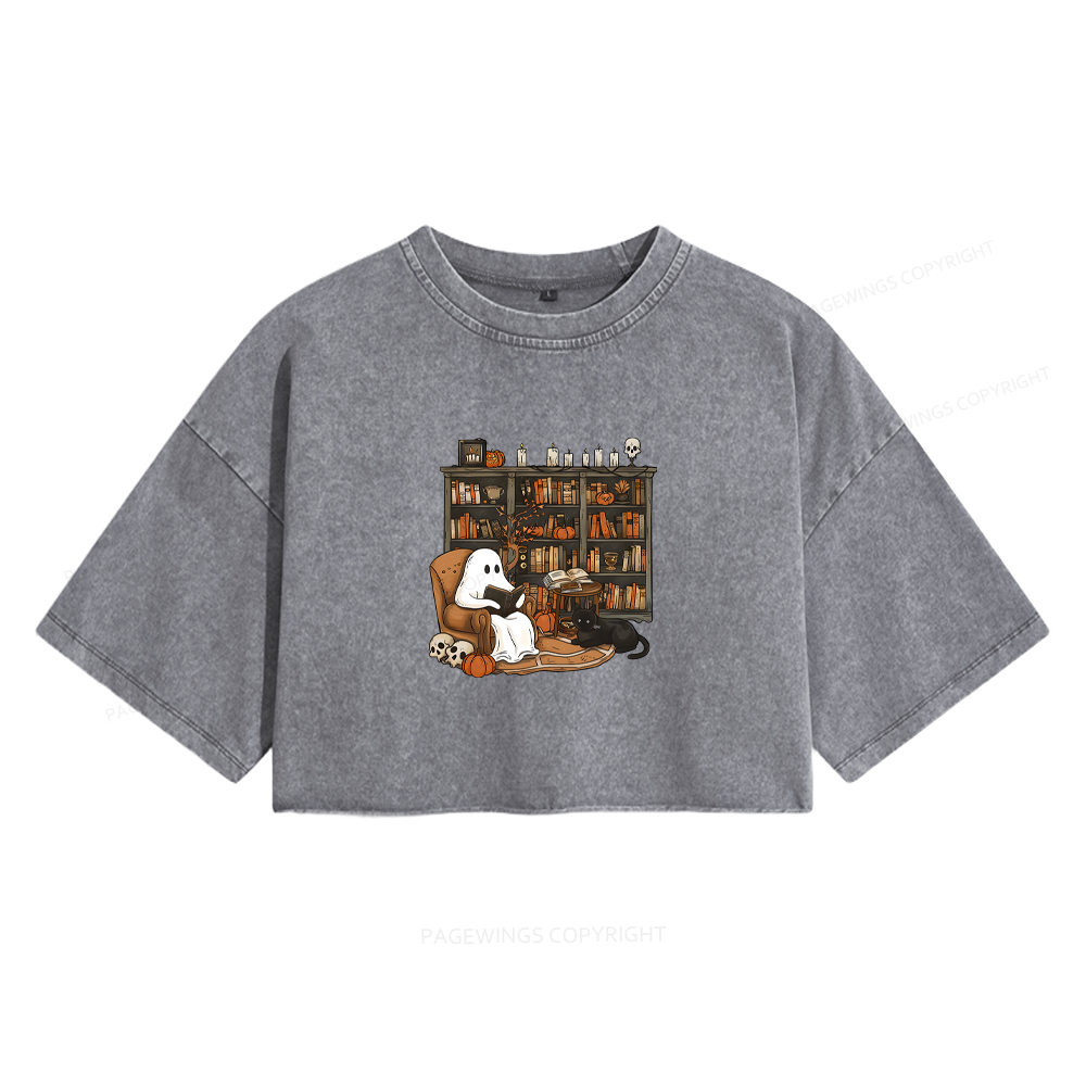 Pagewings Halloween Ghost Reading Books Women's Washed Cropped T-shirt