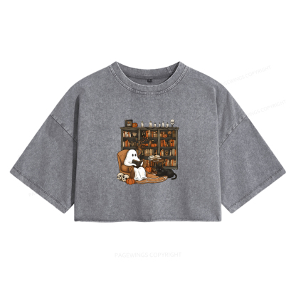 Pagewings Halloween Ghost Reading Books Women's Washed Cropped T-shirt