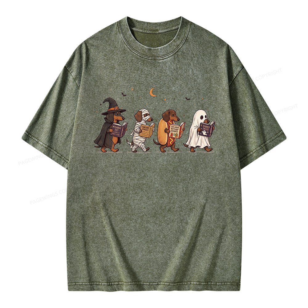 Pagewings Cute Spooky Season Wiener Dog Reading Unisex Washed T-shirt