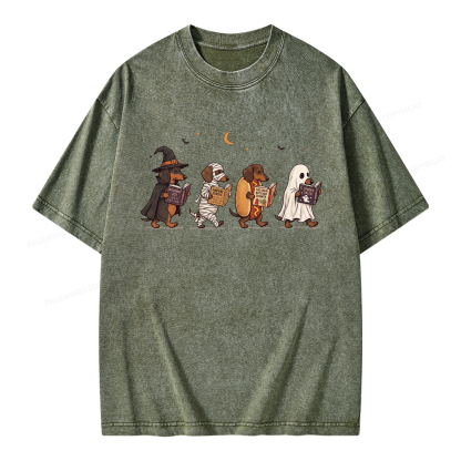 Pagewings Cute Spooky Season Wiener Dog Reading Unisex Washed T-shirt