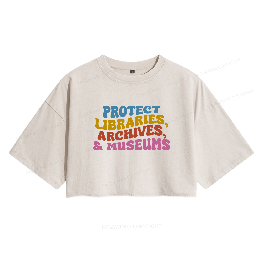Pagewings Protect Libraries Archives And Museums Women's Washed Cropped T-shirt