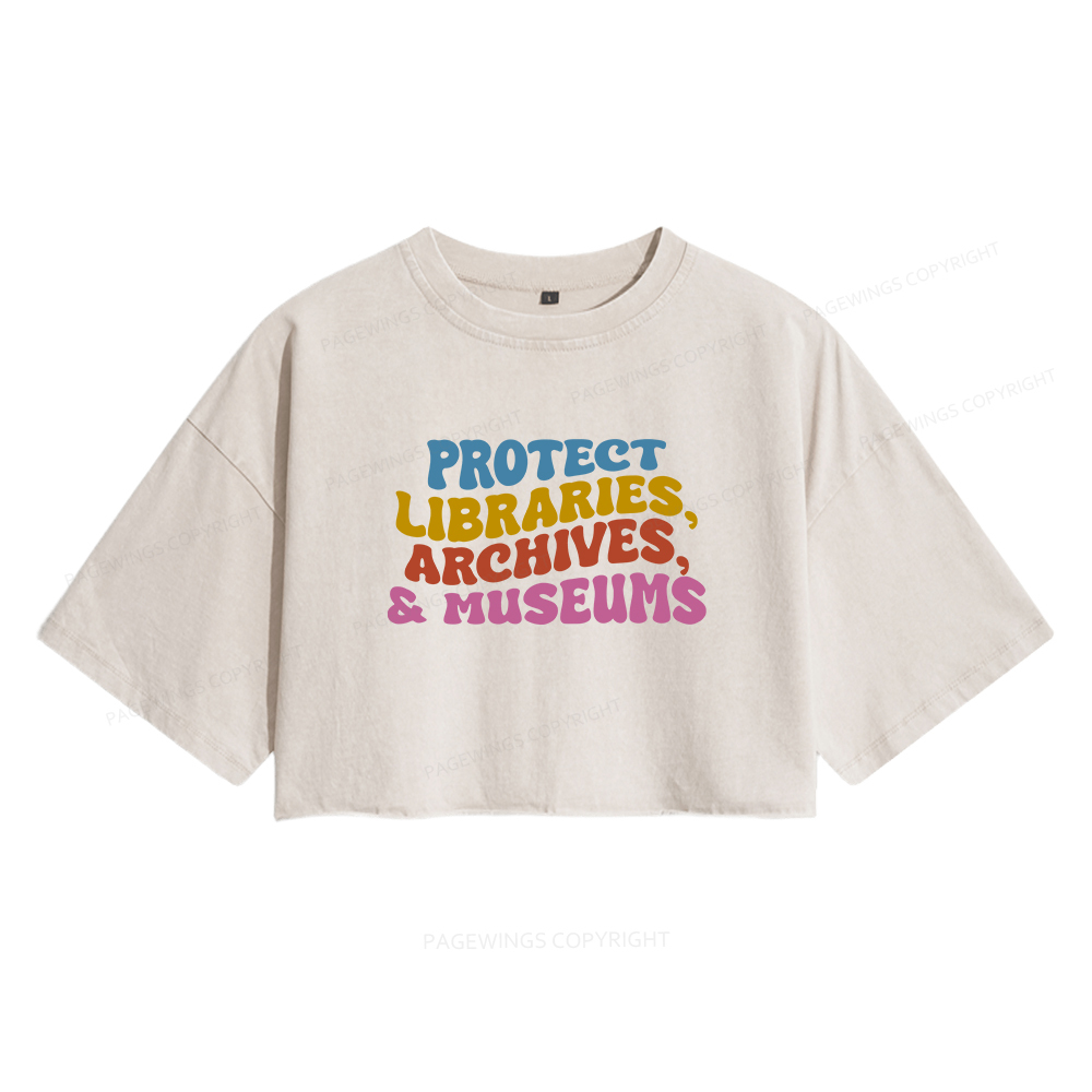Pagewings Protect Libraries Archives And Museums Women's Washed Cropped T-shirt