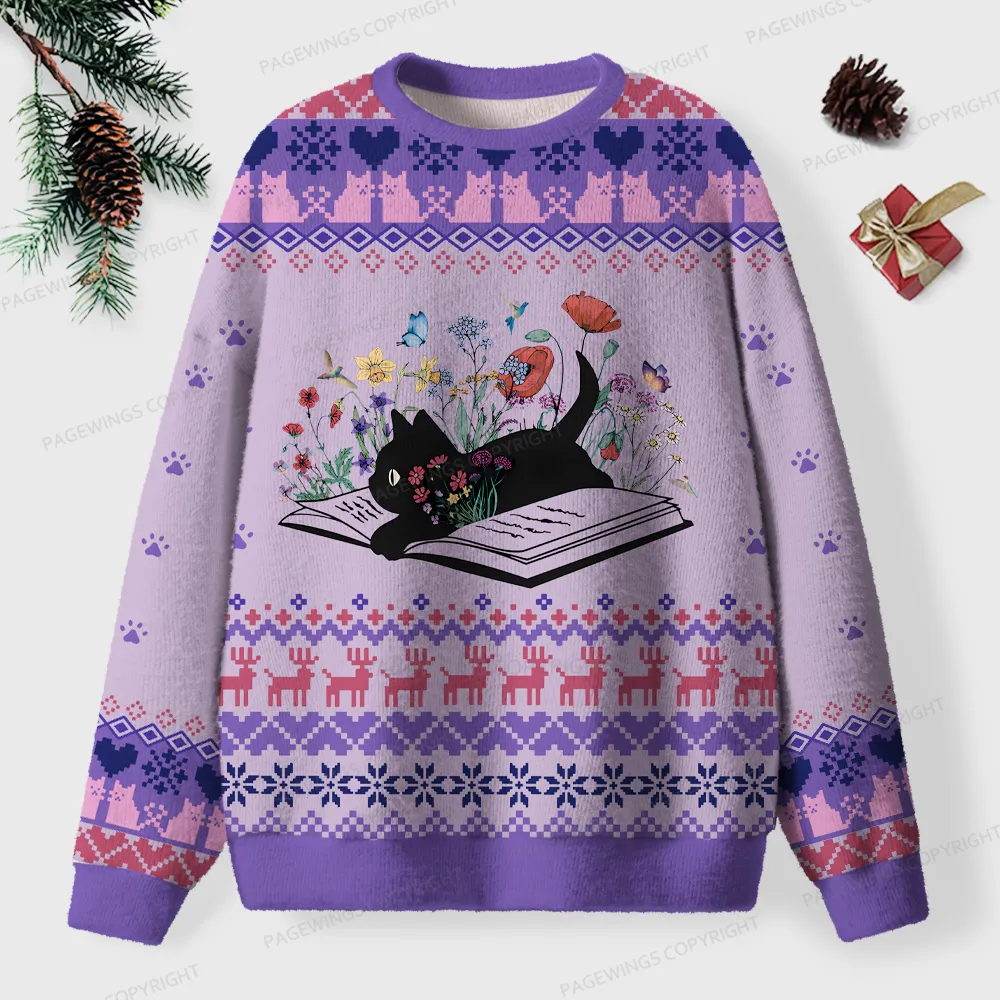 Pagewings Easily Distracted By  Cats & Books Unisex Ugly Knit Sweatshirt
