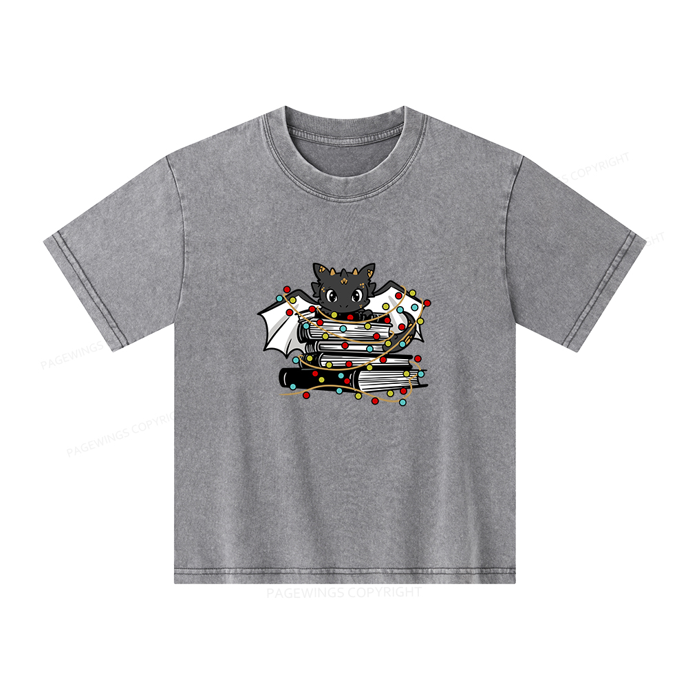 Pagewings Cute Book Dragon Holiday Unisex Kids Washed T-shirt