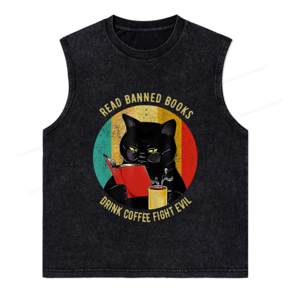 Pagewings Read Banned Books Drink Coffee Fight Evil Retro Cat Lovers T-Shirt Unisex Washed Tank Top