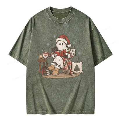 Pagewings Christmas Ghost Reading Unisex Washed T-shirt