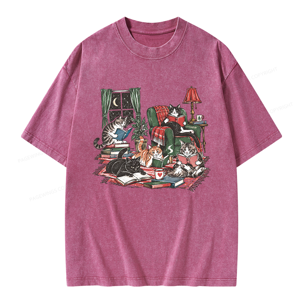 Pagewings Cats Reading Books Unisex Washed T-shirt