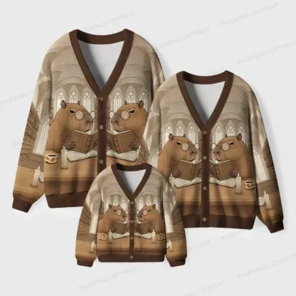 Pagewings Capybara Reading Unisex Ugly Cardigan Sweaters