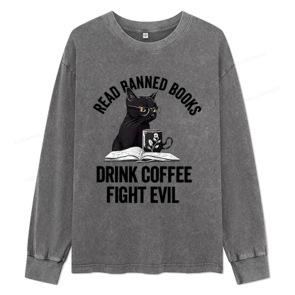 Pagewings Read Books Drink Coffee Fight Evil Unisex Washed Long Sleeve T-shirt