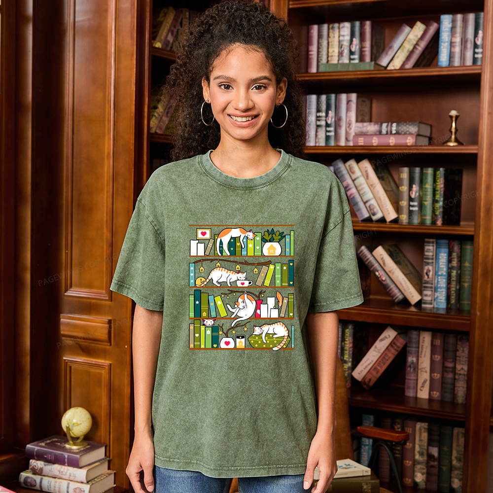 Pagewings Library Cats Unisex Washed T-shirt