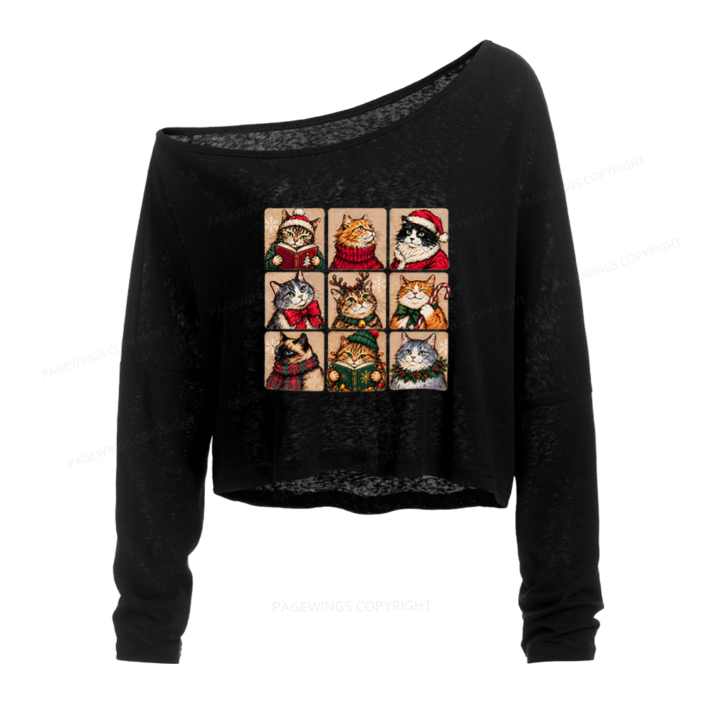 Pagewings Christmas Cats Slouchy Long Sleeve Off Shoulder T-shirt