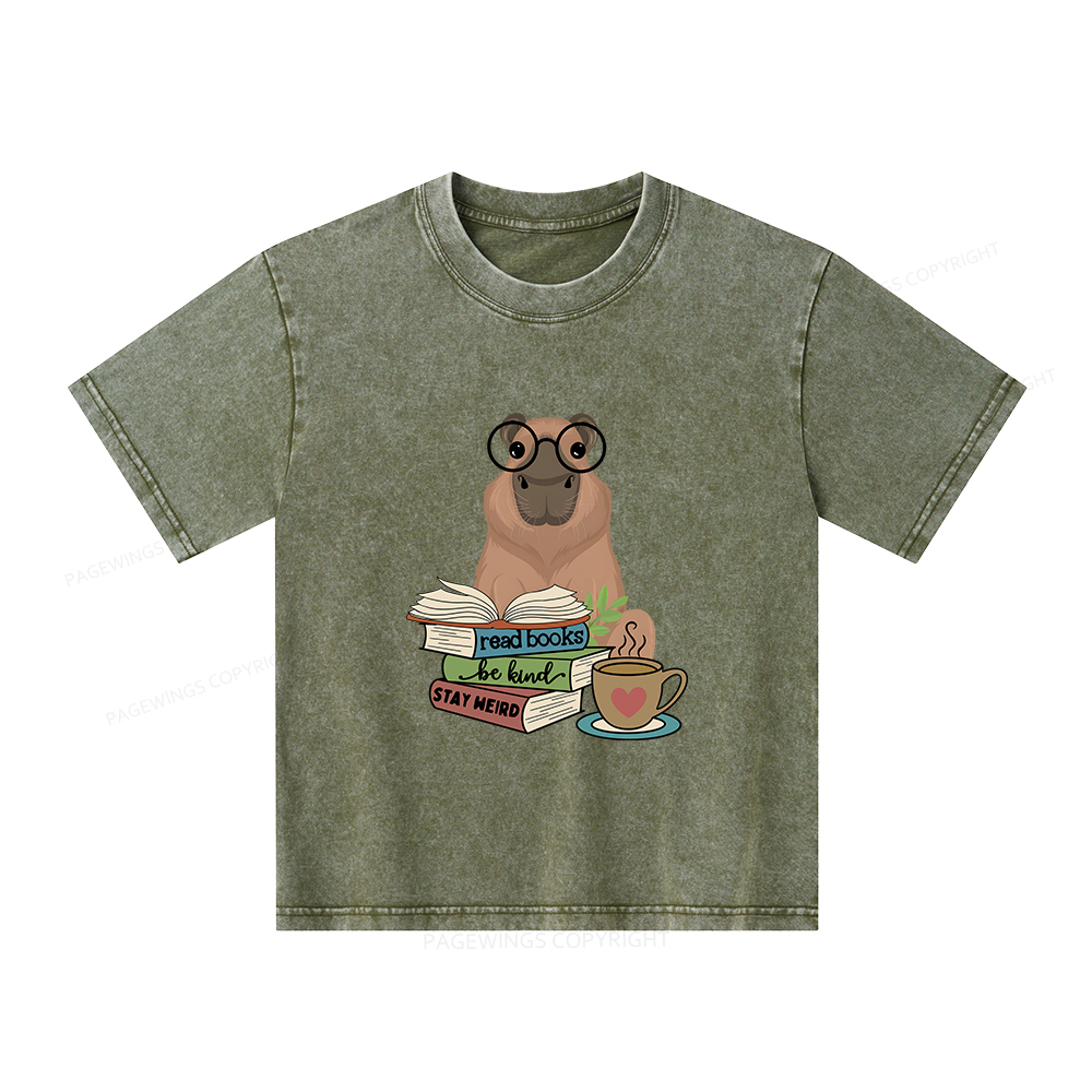 Pagewings Capybara Reading Unisex Kids Washed T-shirt
