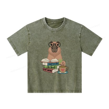 Pagewings Capybara Reading Unisex Kids Washed T-shirt