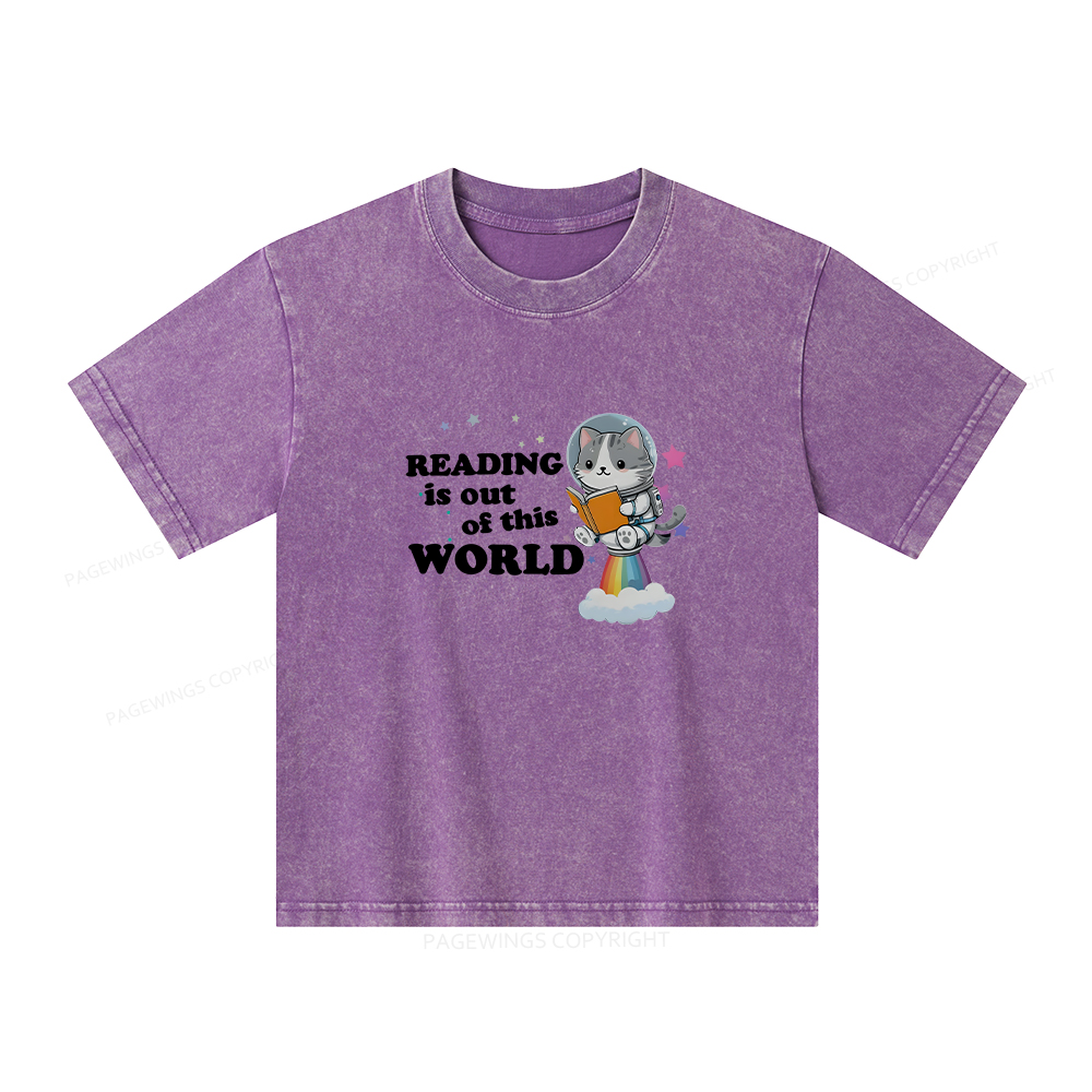 Pagewings Cat Reading in Space Unisex Kids Washed T-shirt