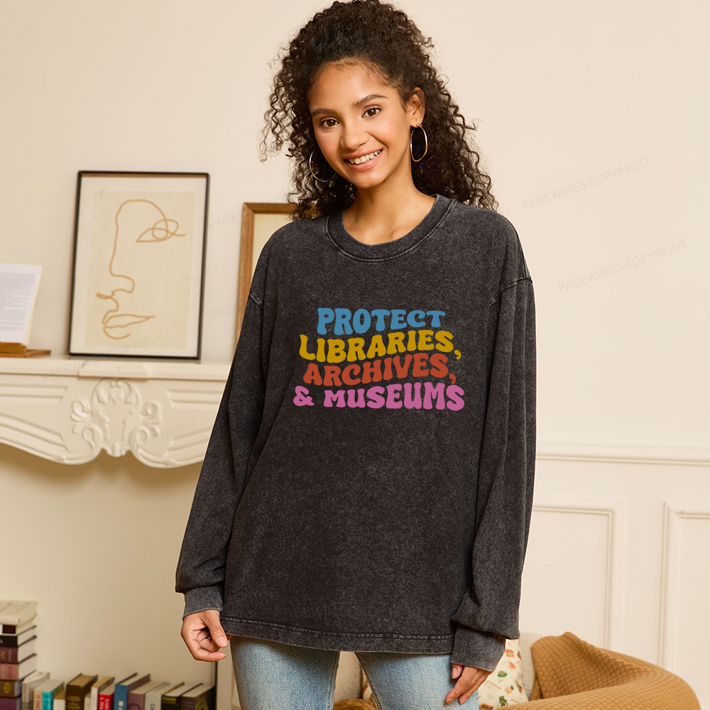 Pagewings Protect Libraries Archives And Museums Unisex Washed Long Sleeve T-shirt