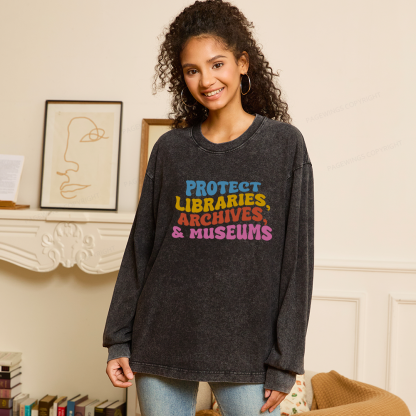 Pagewings Protect Libraries Archives And Museums Unisex Washed Long Sleeve T-shirt