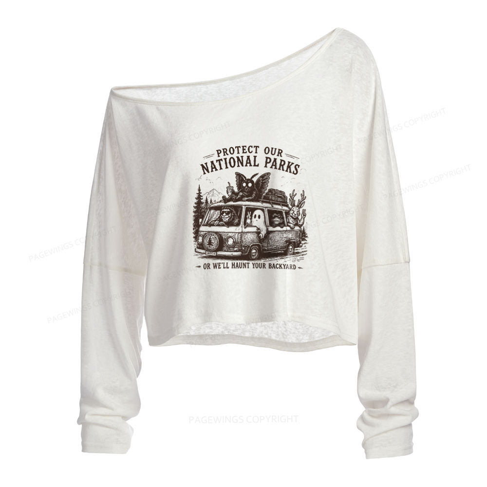 Pagewings Protect Our National Parks Slouchy Long Sleeve Off Shoulder T-shirt