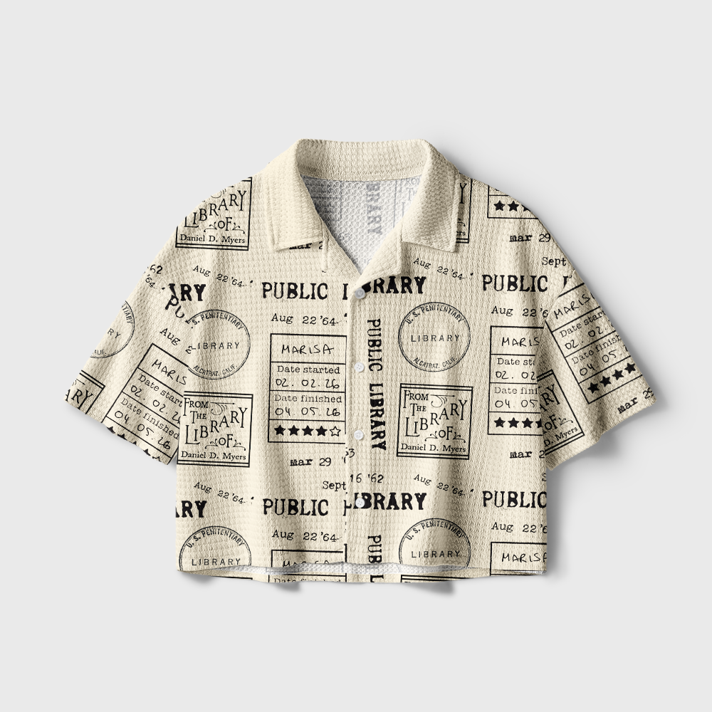 Pagewings Public Library Camp Collar Boxy Fit Unisex Crochet Shirt