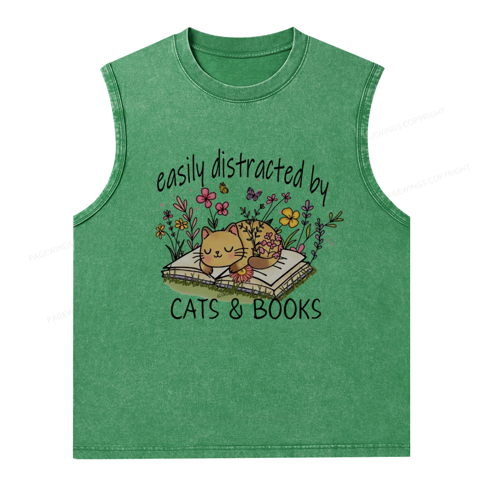Pagewings Easily Distracted By Cats And Books Unisex Washed Tank Top