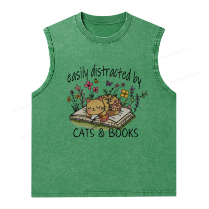 Pagewings Easily Distracted By Cats And Books Unisex Washed Tank Top
