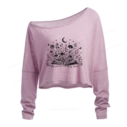 Pagewings Wildflower Book Slouchy Long Sleeve Off Shoulder T-shirt