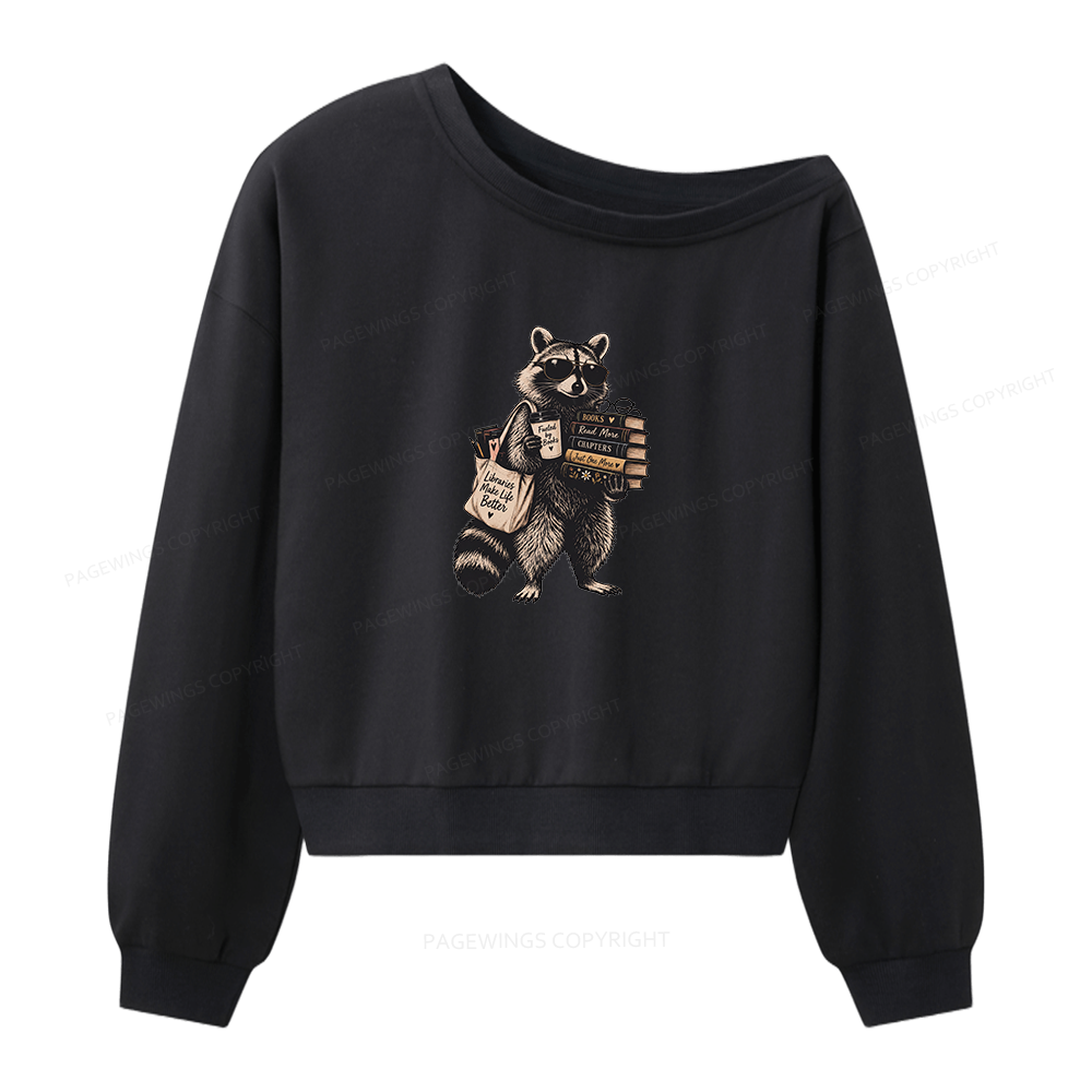 Pagewings Book Lover Raccoon Women Off Shoulder Sweatshirt